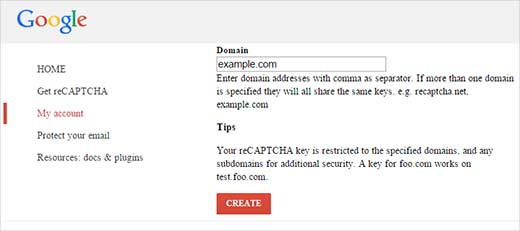 وارد کردن نام دامنه در سایت recaptcha