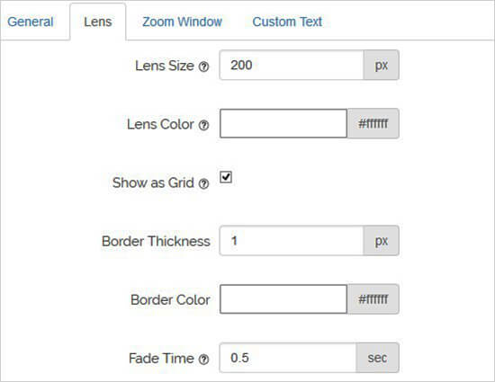 تنظیمات لنز برای زوم ذره بینی در پلاگین WP Image Zoom تنظیمات لنز در پلاگین WP Image Zoom